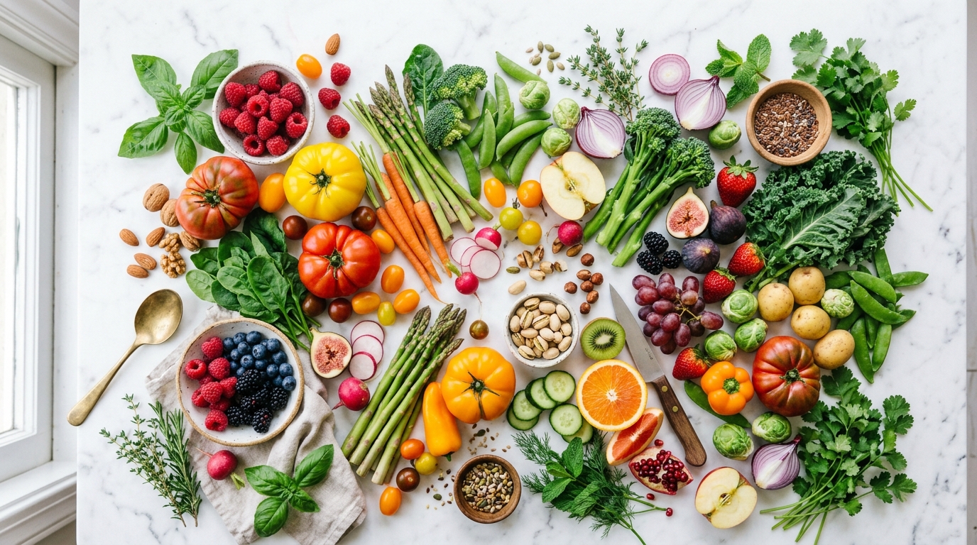 Barevný výběr čerstvé zeleniny a ovoce na dřevěném stole