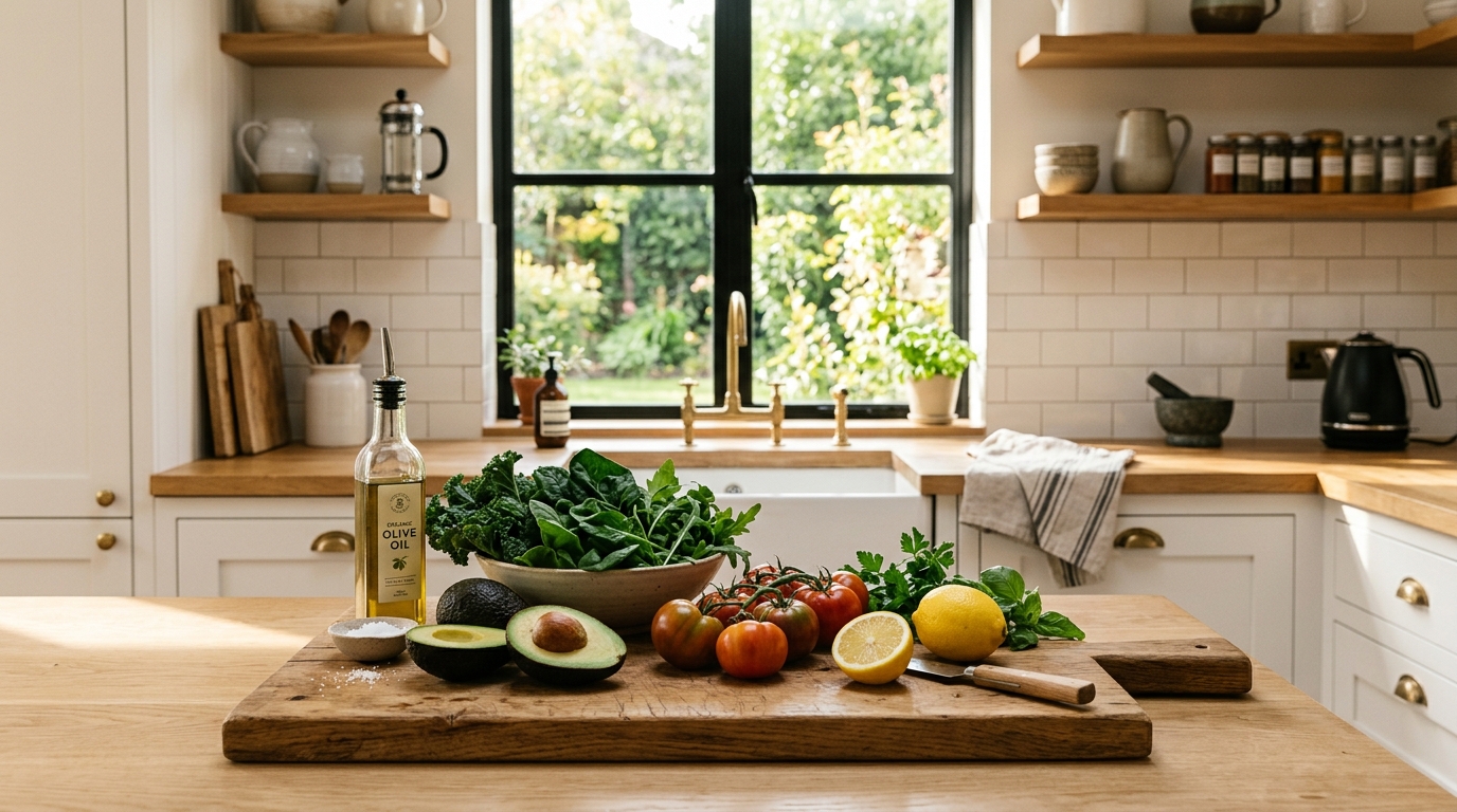 Moderní kuchyně s čerstvými ingrediencemi na prkénku